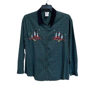 Nutcracker Womens Shirt Plaid Green Blue Candles Holiday Christmas Xlarge‎